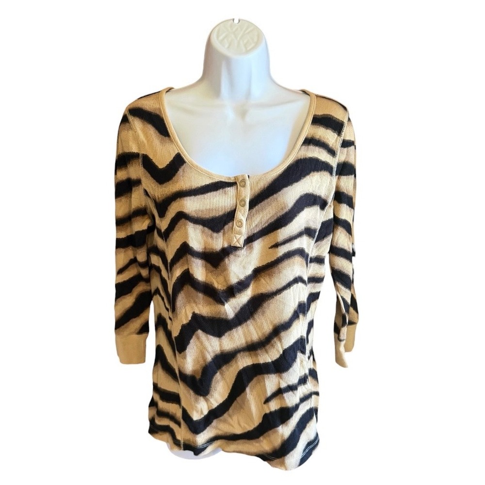 Lauren Ralph Lauren Active Zebra Print Thermal Henley Top Tan Black NWT Large